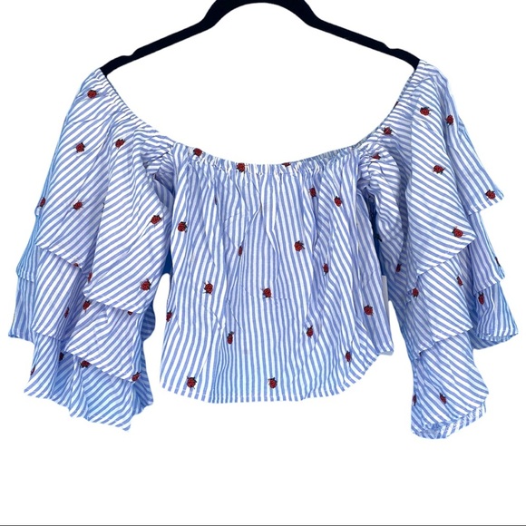 Olivaceous Crop Top Small Blue White Stripe Roses Off The Shoulder Ruffle Sleeve - Picture 3 of 11